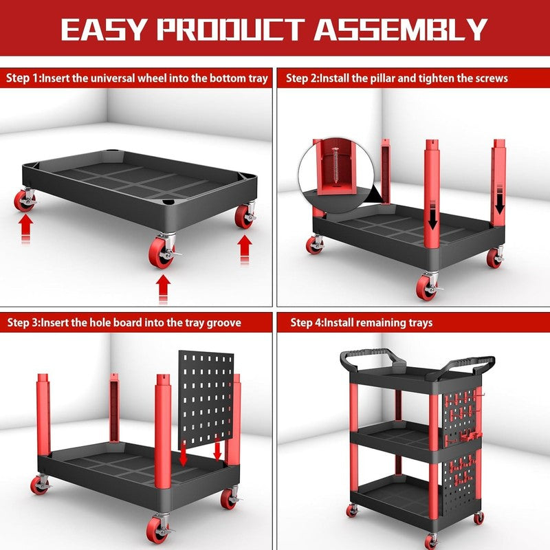 3 Tier Rolling Utility Tool Cart w/ Wheels Pegboard 440LB Garage Workshop4