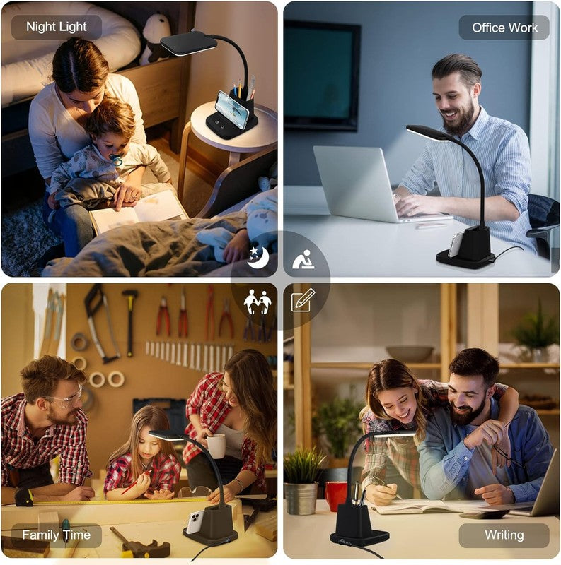 LED Desk Lamp with Wireless Charger & Pen Holder, Dimmable 3 Color Modes6