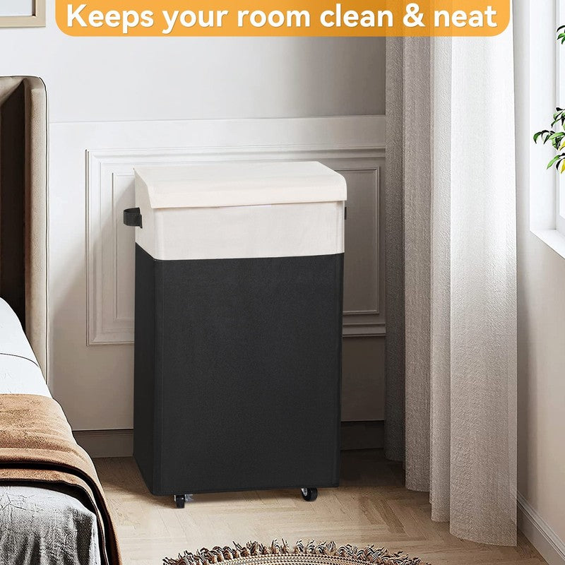 90L Rolling Laundry Hamper w/ Lid & Wheels, Collapsible Basket – Black, 27.6"6