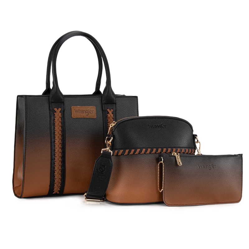 Wrangler 3Pc Handbag Set Tote Crossbody Purse Wallet Black Brown8