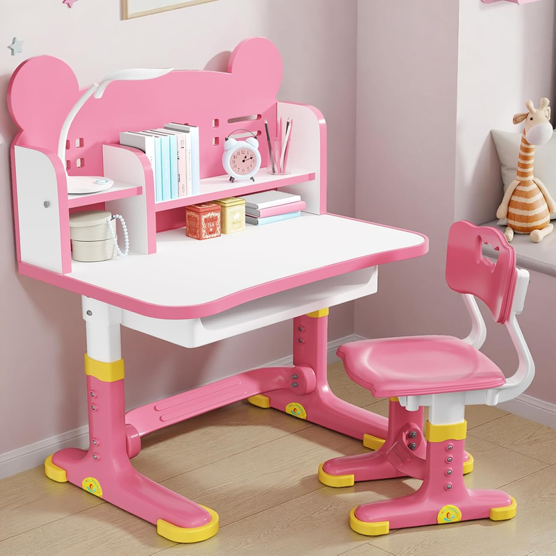 Kids Desk & Chair Set Height Adjustable Study Table w Drawer Bookstand Pink8