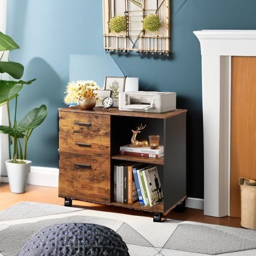 Rustic Brown 3-Drawer Mobile File Cabinet & Printer Stand with Open Shelves5