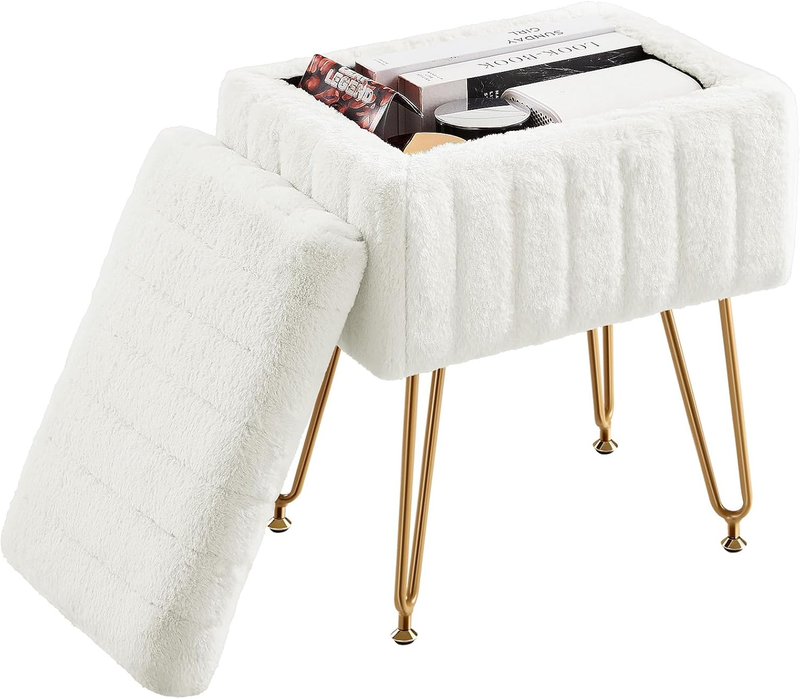 Vanity Stool Ottoman with Storage Faux Fur Seat Footrest Chair 4 Metal Legs7