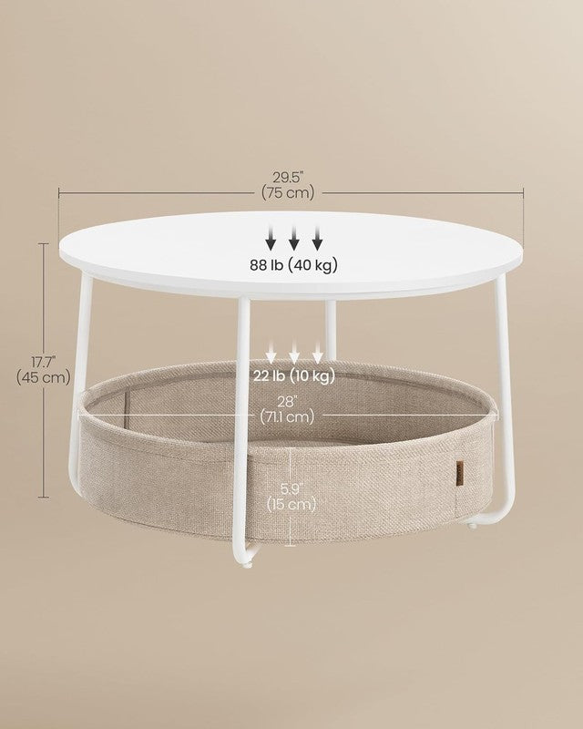 Round Coffee Table with Storage Basket, Metal Frame, Matte White & Camel Brown1