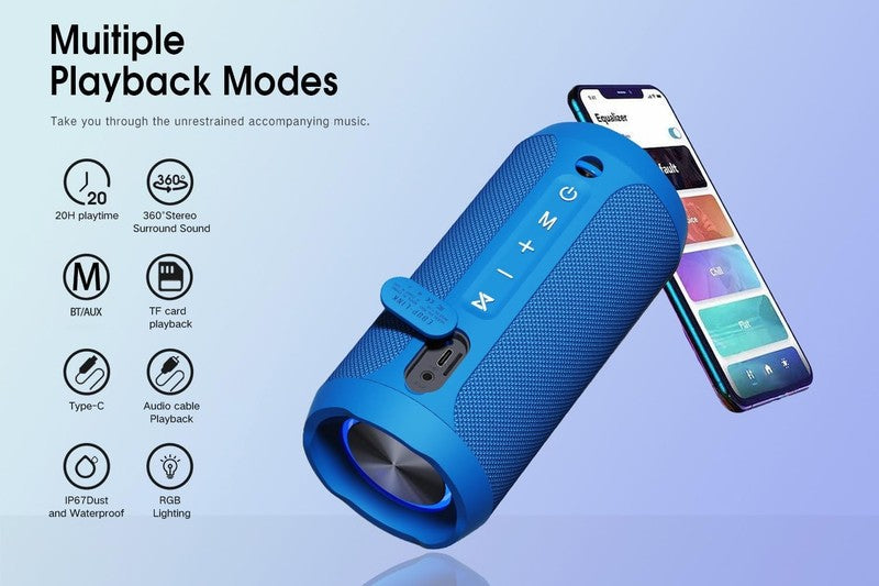 20H Bluetooth Speaker, IPX7 Waterproof, TWS, Bass, Portable, Blue5