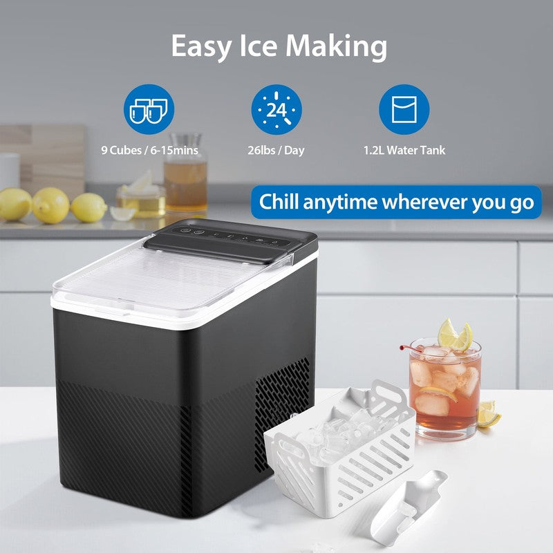 Countertop Ice Maker, Rich Black, 9 Bullet Cubes, 2 Ice Sizes, 26 Lbs/24H with R3