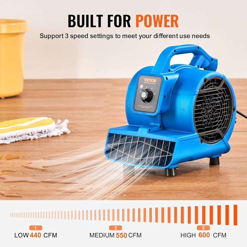 600CFM Floor Blower Air Mover 1360RPM 3-Speed Carpet Dryer Portable Fan2