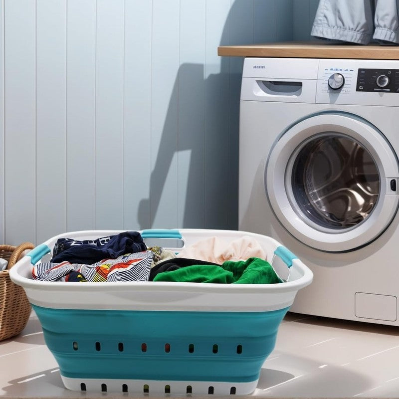 42L Collapsible Plastic Laundry Basket White/Bright Blue Foldable Hamper1