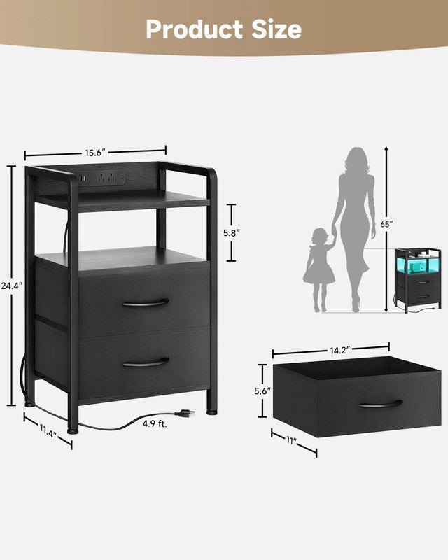 Nightstand w/ Charging Station LED Light 2 Fabric Drawers USB & AC Outlets2