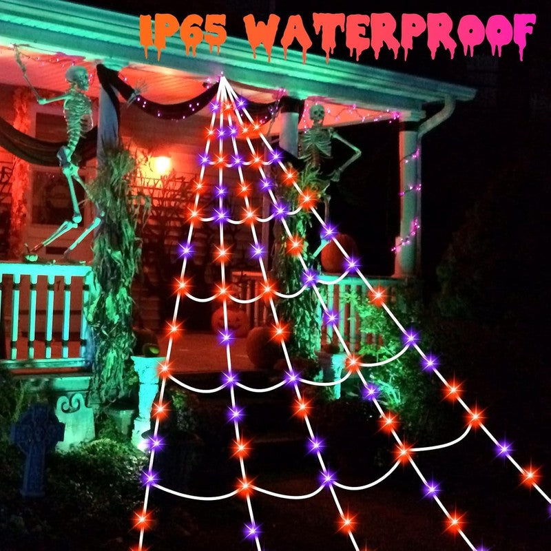 Halloween Spider Web Lights 150 LED, 16.4FT, 8 Modes, Purple/Orange, Outdoor5