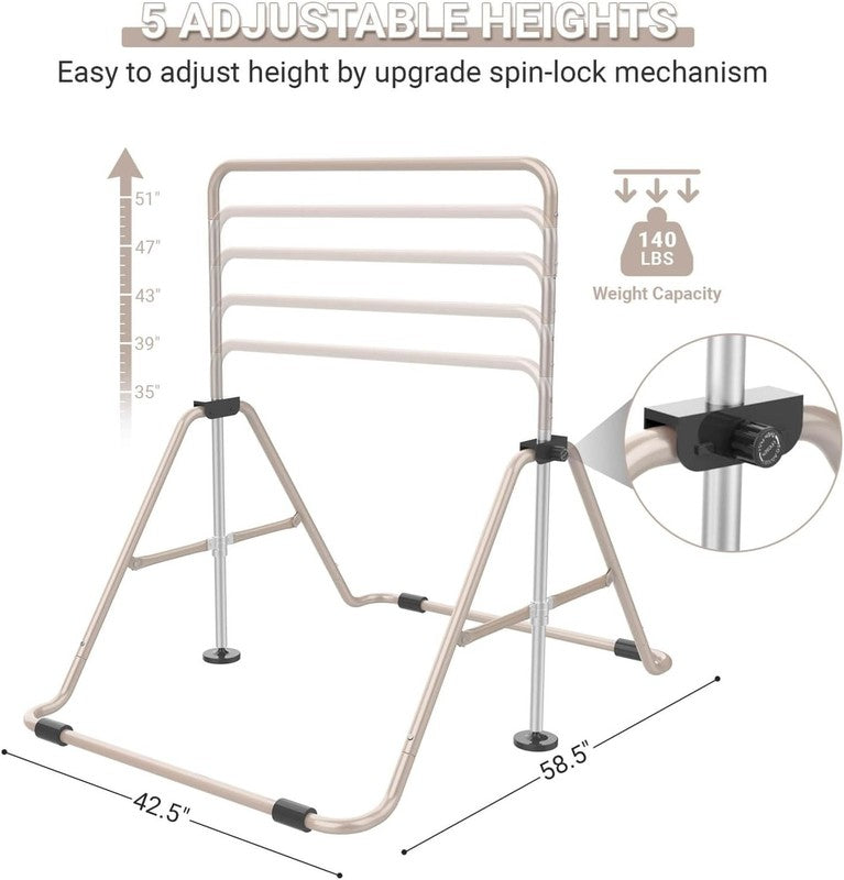 Foldable Kids Gymnastics Bar 5 Height Adjustable Indoor/Outdoor 140lb Limit1