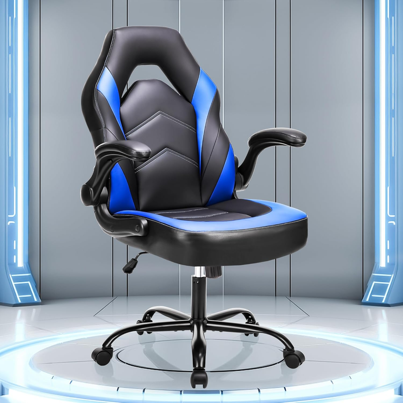 Gaming Office Chair PU Leather Ergonomic Swivel Flip Up Arms Lumbar Blue0