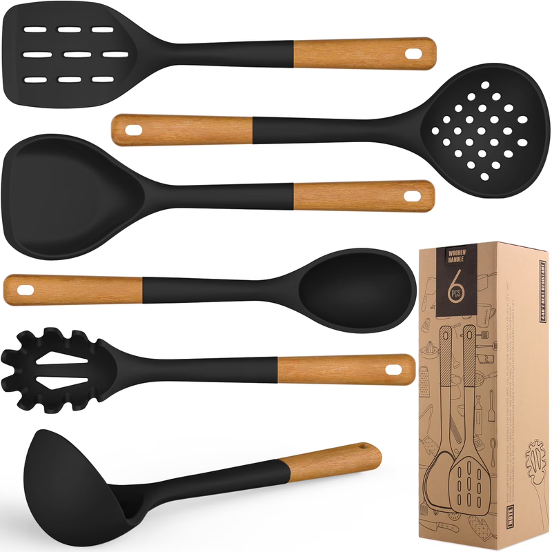 Large Silicone Kitchen Utensil Set Wooden Handle Heat Resistant Black0