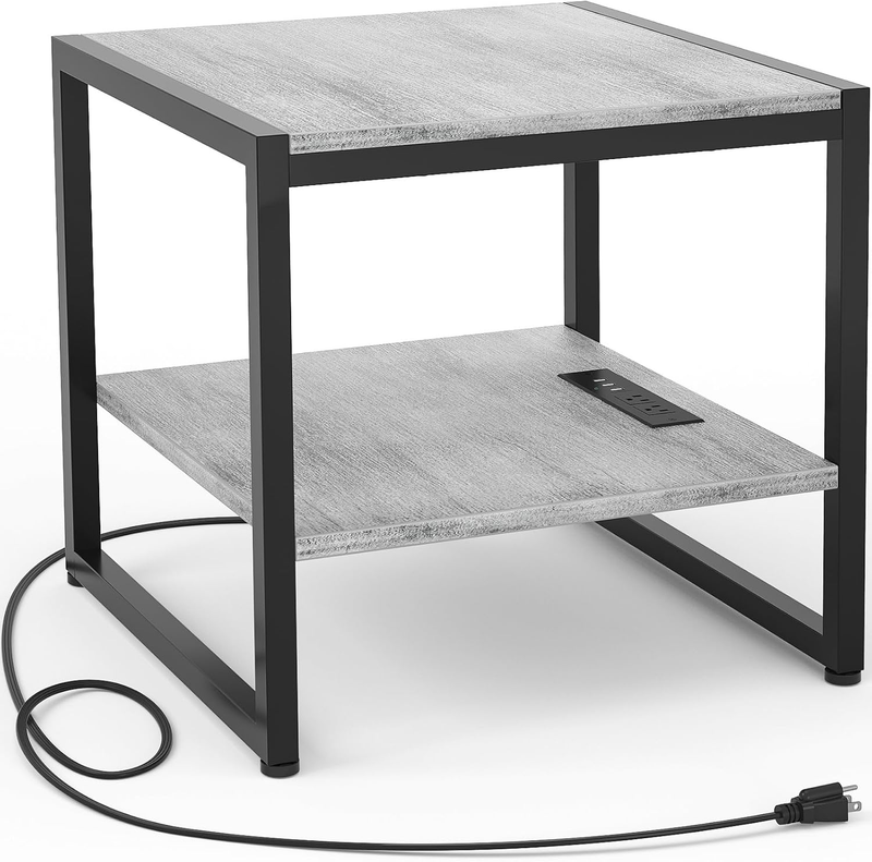 End Table with Charging Station, 20 Inch Square Side Table with USB Ports & Powe8