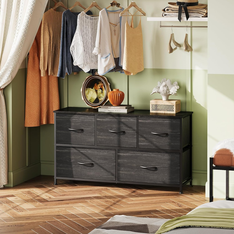 5 Drawer Fabric Dresser Chest Storage Organizer Wood Grain Charcoal Black1