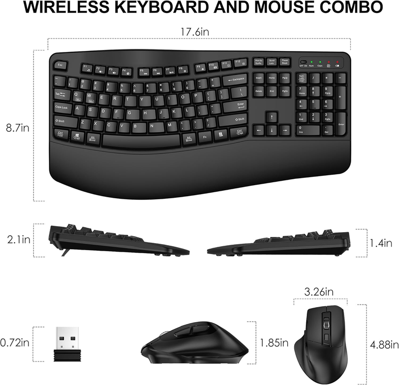 Wireless Keyboard and Mouse Combo, 2.4G Full Size Wave Keys Ergonomic Keyboard w7