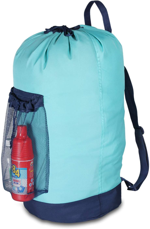 Backpack Laundry Bag with Straps & Mesh Pocket, Durable Nylon Clothes Blue0