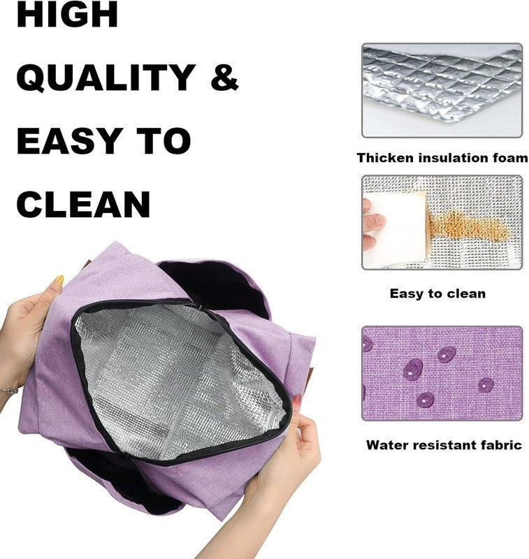 Insulated Lunch Bag for Women Men Large Reusable Tote w/ Bottle Holder Purple3