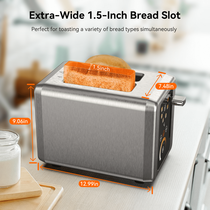 Touchscreen 2 Slice Toaster Stainless Steel Wide Slots Bagel Defrost 850W6
