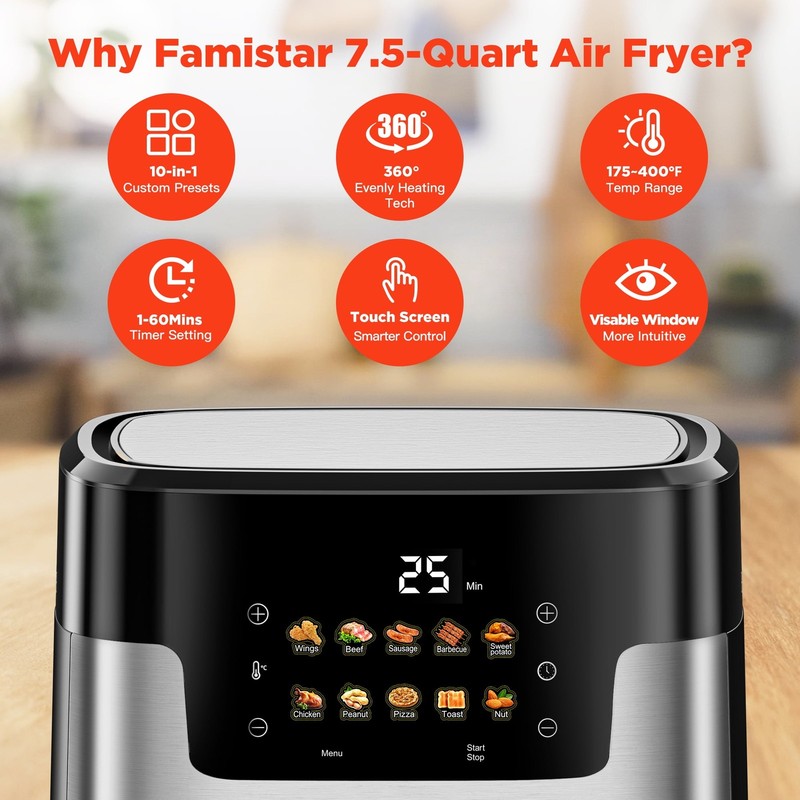 7.5QT Air Fryer Oven, 10-in-1, LED Touch, 10 Presets, w/ Basket & 100 Liners3