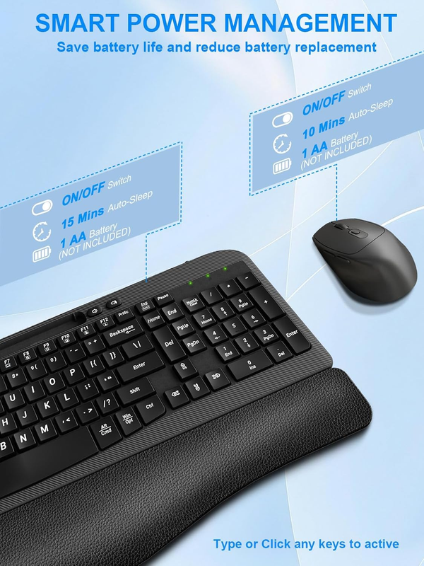 Wireless Keyboard and Mouse Combo, Wave Keys Computer Ergonomic Keyboard with Cu8