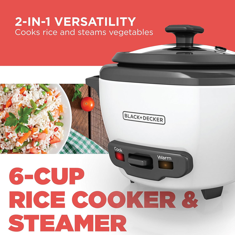 Rice Cooker 6-Cup (Cooked) with Steaming Basket, Removable Non-Stick Bowl, White1