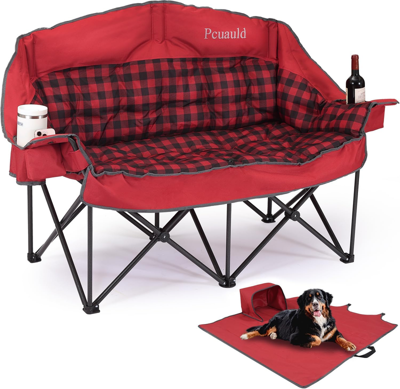 Heavy Duty Double Camping Chair Loveseat Folding Sofa w/ Cup Holders Red10