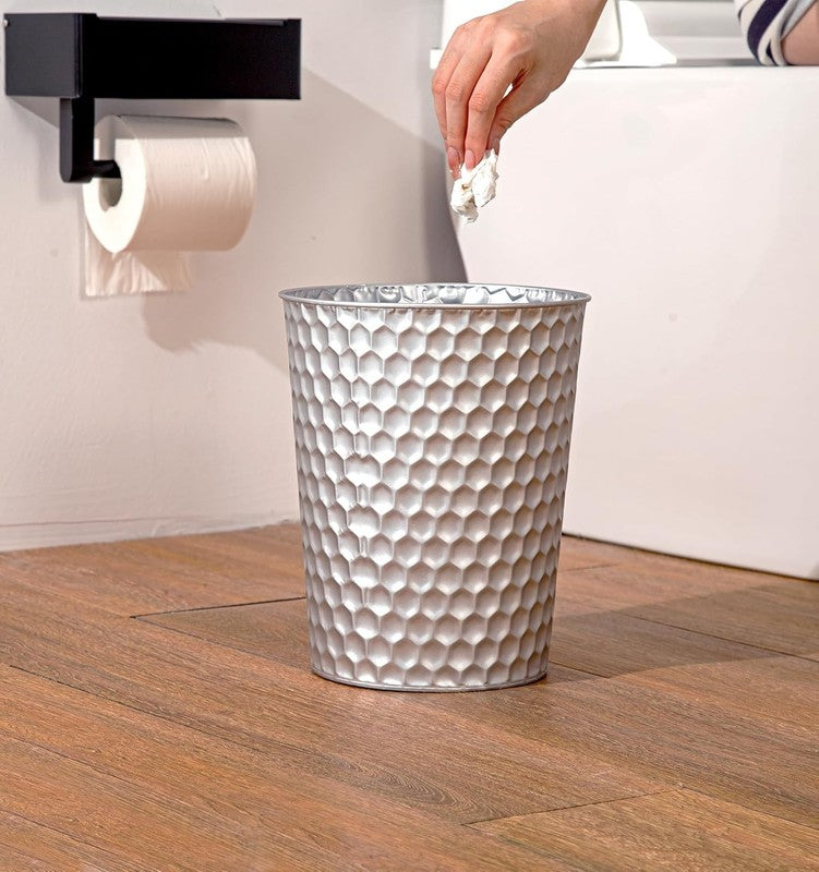 Small Metal Trash Can, Honeycomb Design, Decorative Waste Basket, Silver7