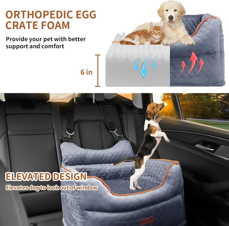 Dog Car Seat Memory Foam Small Dogs up to 25lbs w/ Pockets & Seat Belt Grey1