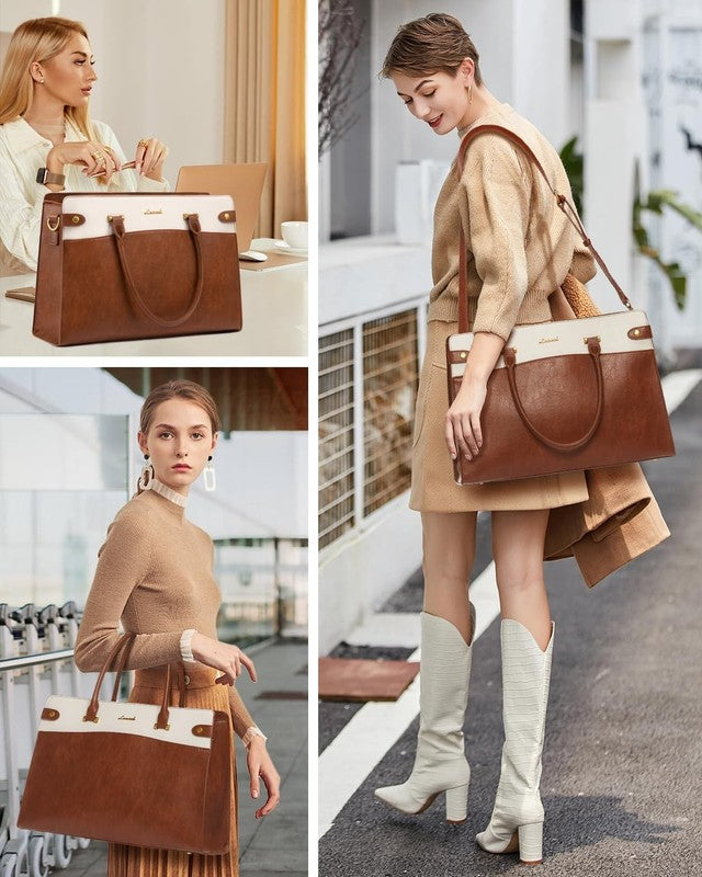 15.6" Laptop Bag for Women Vintage Leather Waterproof Tote Briefcase Brown-Beige1