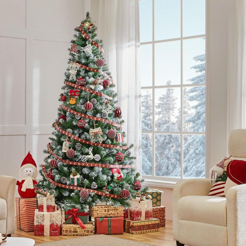 7.5Ft Artificial Christmas Tree, Snow Flocked Christmas Tree W/82 Pinecones, 1342