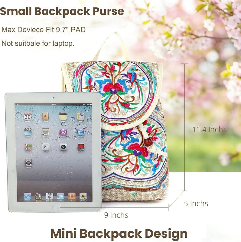 Women Embroidered Backpack Boho Floral Mini Travel Shoulder Bag Beige Red4