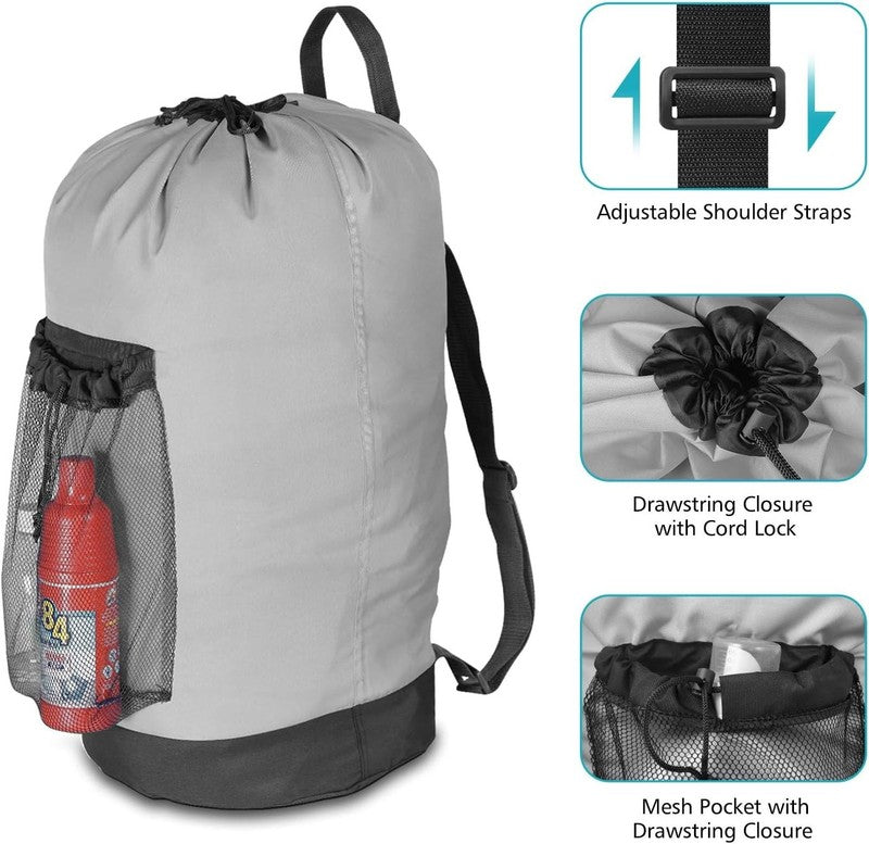 Backpack Laundry Bag with Straps & Mesh Pocket, Durable Nylon Clothes Grey2