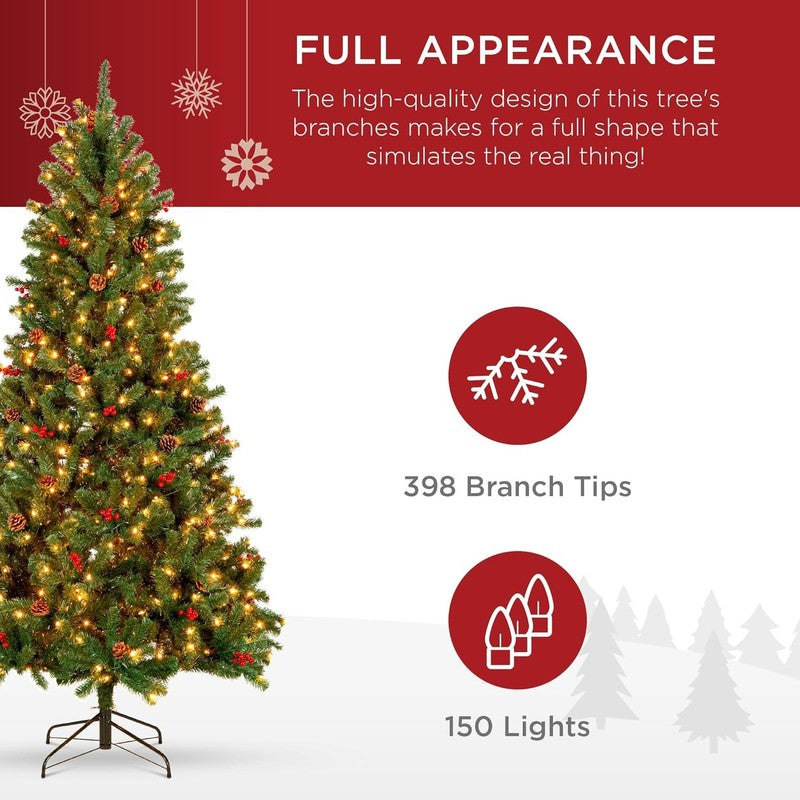 Pre-Lit Pre-Decorated Spruce Christmas Tree 4.5Ft 150 Lights Pinecones Berries4