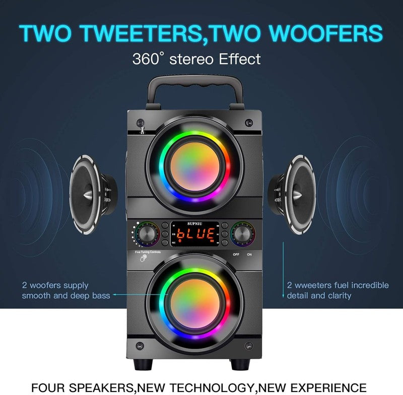 60W Portable Bluetooth Speaker with Heavy Bass, LED Lights & FM Radio3
