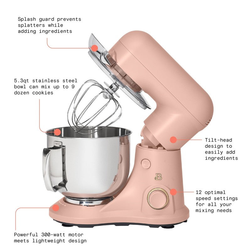 Beautiful 5.3 QT Stand Mixer w/ Flat Beater, Dough Hook by Drew Barrymore Rose11