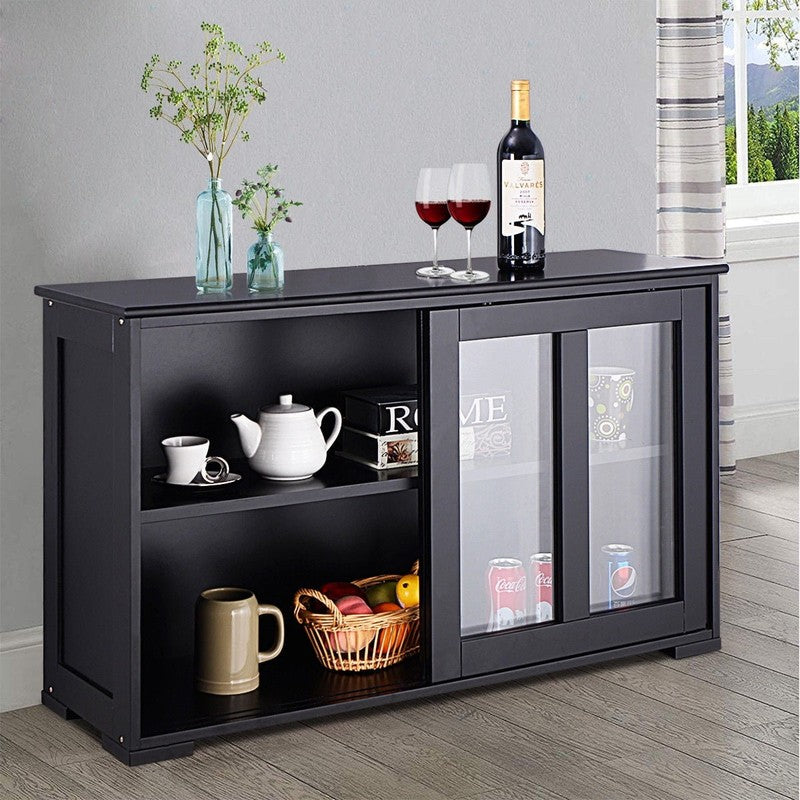 Black Kitchen Sideboard Buffet Storage Cabinet with Glass Sliding Doors2