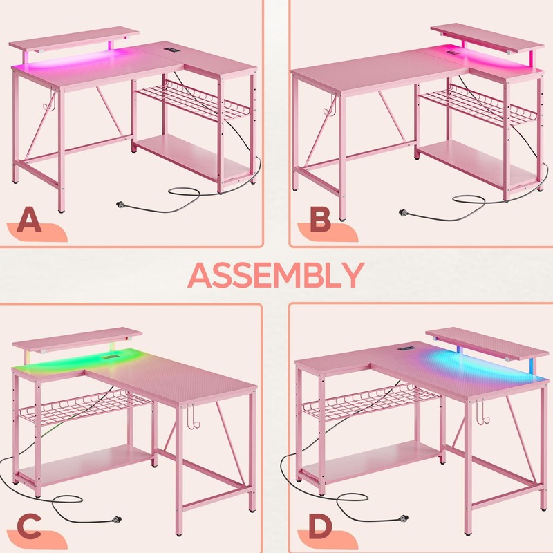 42" L-Shaped Computer Desk LED with Power Outlets & Monitor Stand Pink3