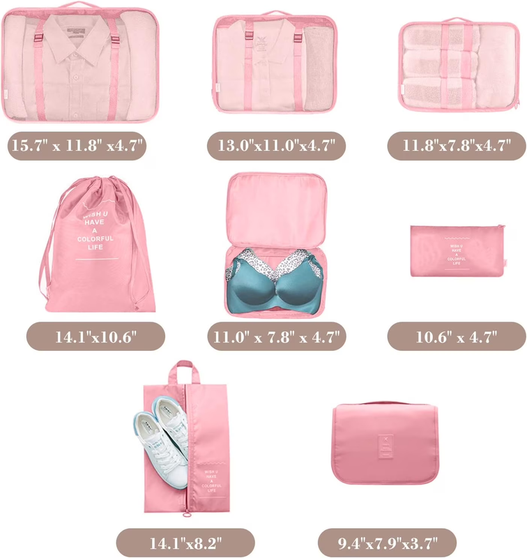 Packing Cubes 9 Set Travel Organizers Clothes Shoes Toiletry Bag Pink2