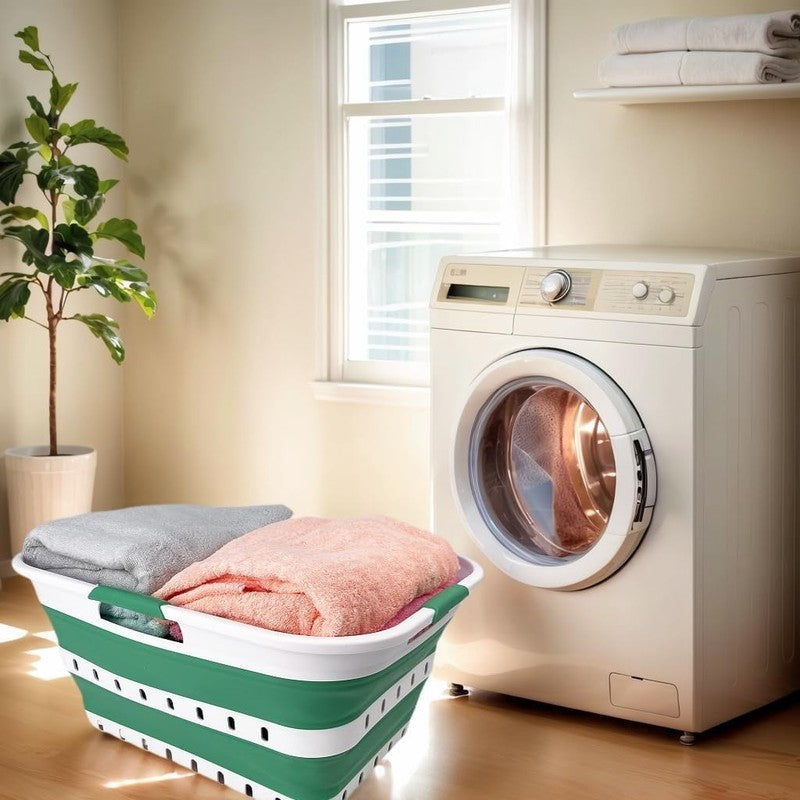 42L Collapsible Plastic Laundry Basket White/Winter Green Foldable Hamper1