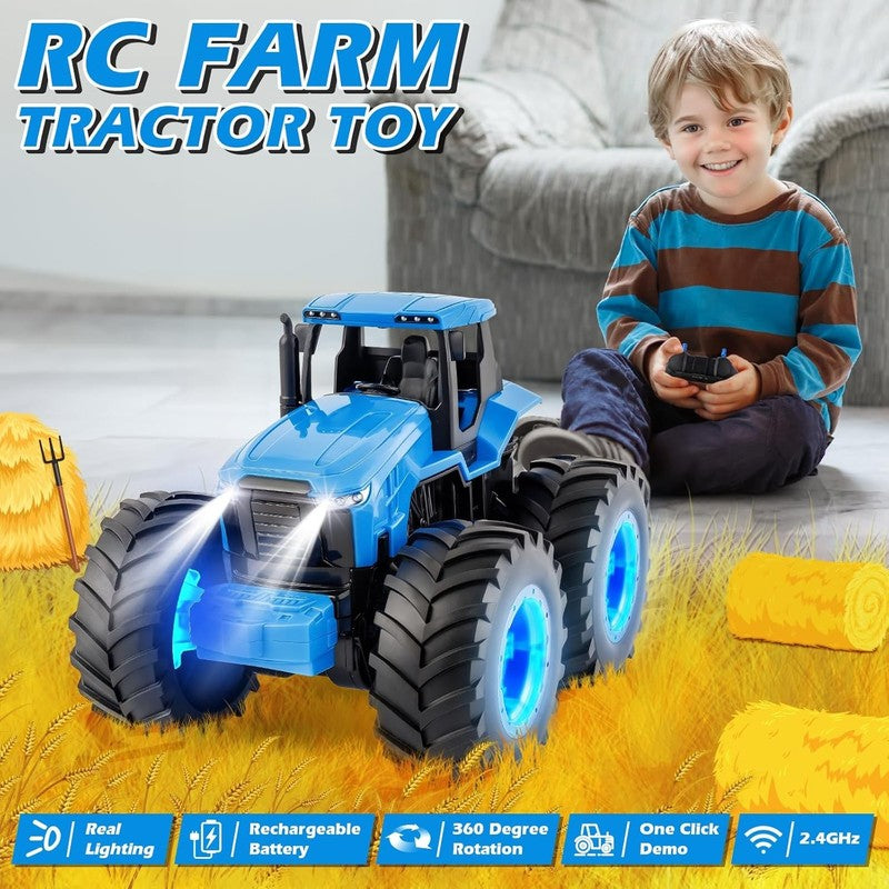 Remote Control Tractor Toys, Light up Farm Monster Trucks Toy for Boys 3, 4, 5, 1