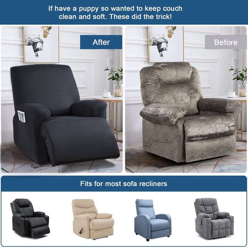 3-Piece Black Recliner Chair Slipcover Stretch Cover with Pockets Protector4