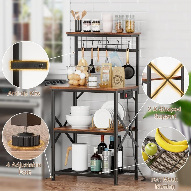 Kitchen Bakers Rack with Power Outlet, Microwave Oven Stand with Storage 4 Tiers4