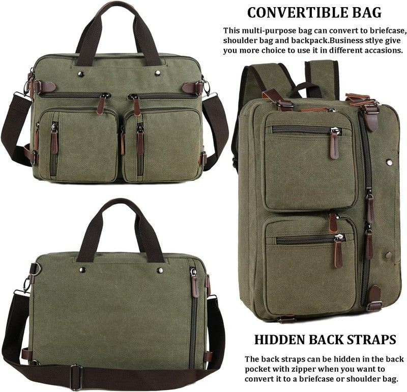 3 in 1 Canvas Laptop Bag 17.3 Inch Convertible Shoulder Travel Business Green3