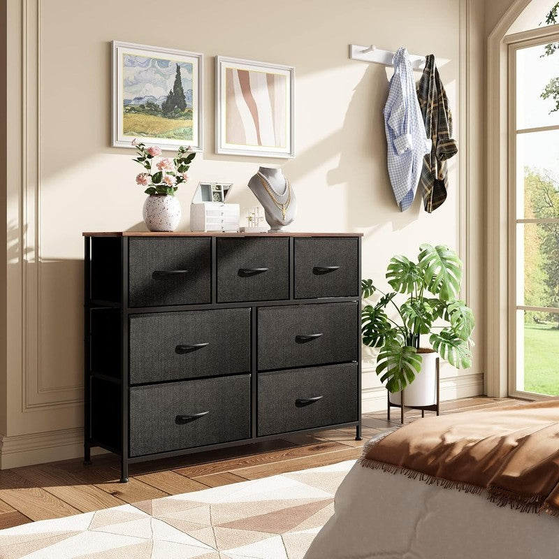 7 Drawer TV Stand Dresser Black & Rustic Brown Metal Frame Wood Top Storage8