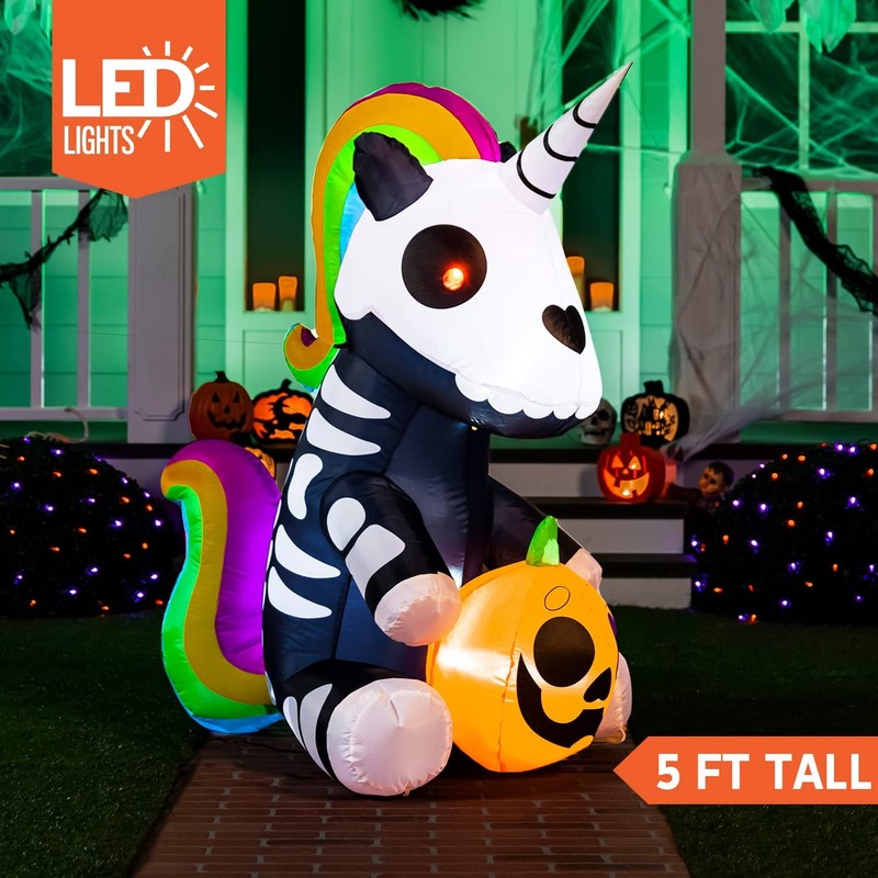 5Ft Halloween Inflatable Skeleton Unicorn w/ LEDs Yard Outdoor Decoration3