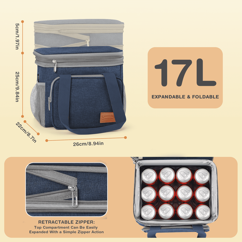 17L Insulated Lunch Bag Expandable Double Deck Cooler Tote Leakproof Work Blue1