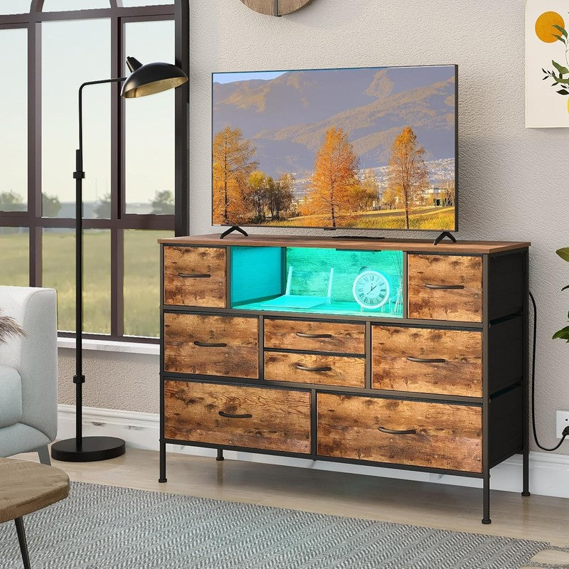 8 Drawer Dresser with Charging Station LED Light Fabric Drawers TV Stand Storage1