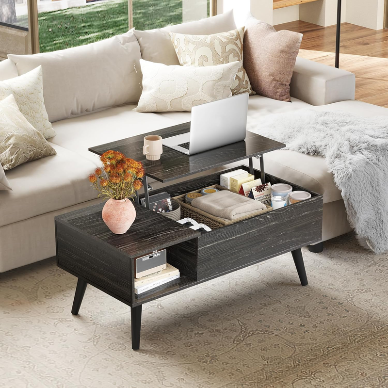 39" Lift-Top Coffee Table with Storage Shelf Black Oak8