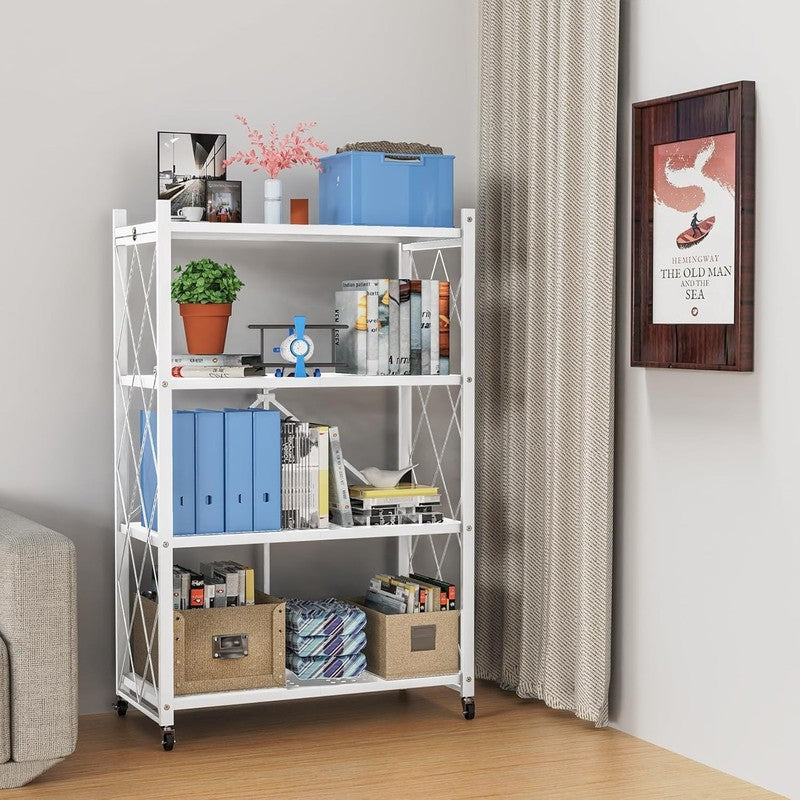 4 Tier Foldable Storage Shelf w Wheels Metal Rolling Rack Kitchen Pantry Office1